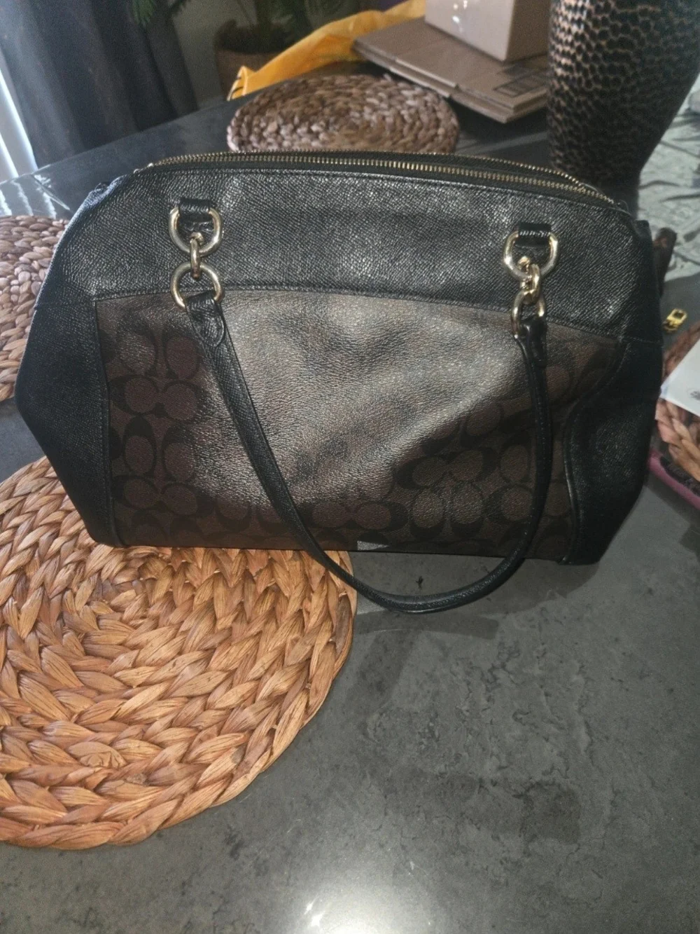 Coach Brown and Black Signature Dome Satchel with Gold Hardware